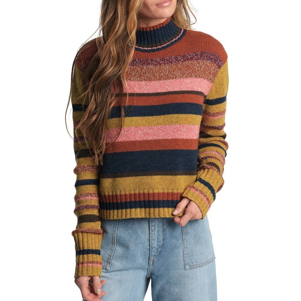 Frye women sweater medium navy rust gold striped